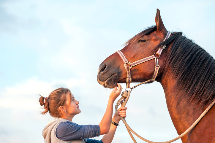 Young cheerful teenage girl stroking brown horse's nose. Outdoors image.