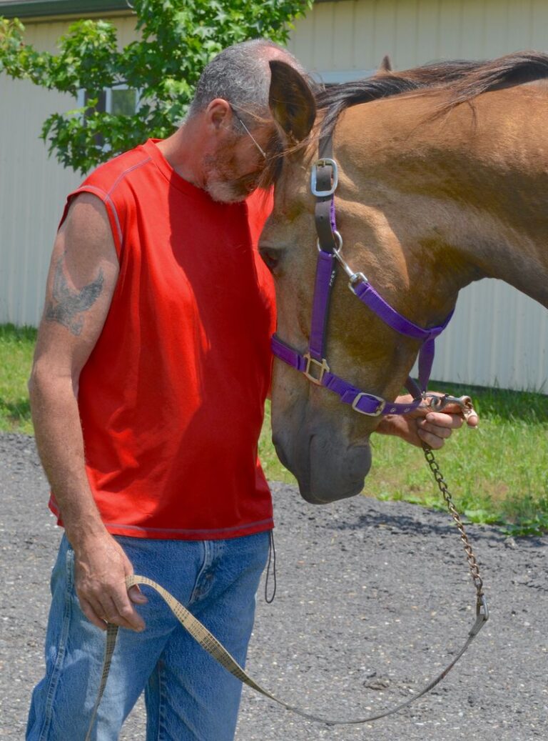 A man standing with a horse, their heads touching each other