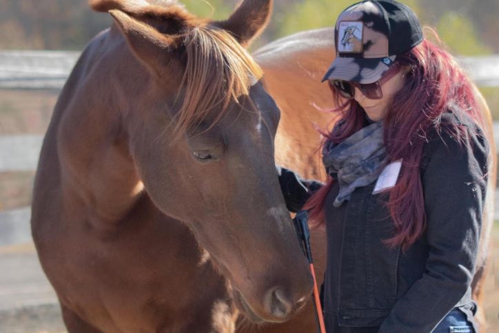 A closeup shot of a horse and a woman
